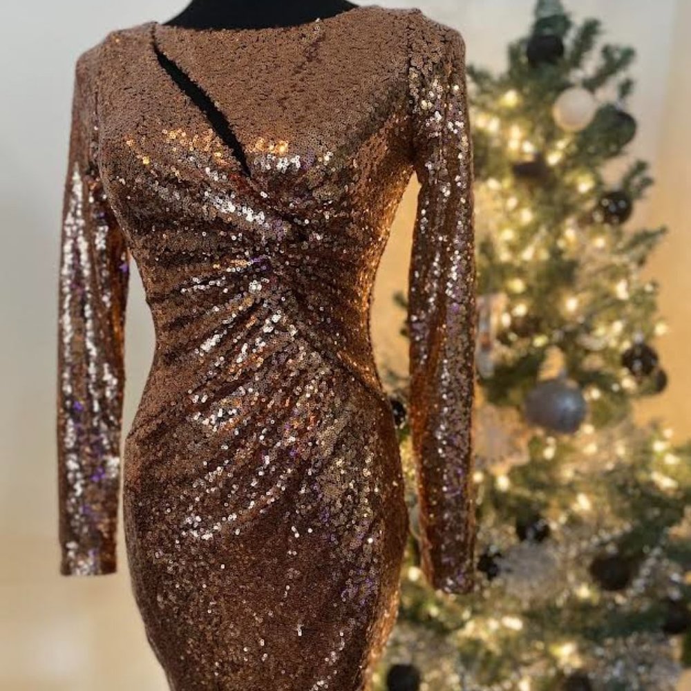 Bronze Cutout Sequin Holiday Dress